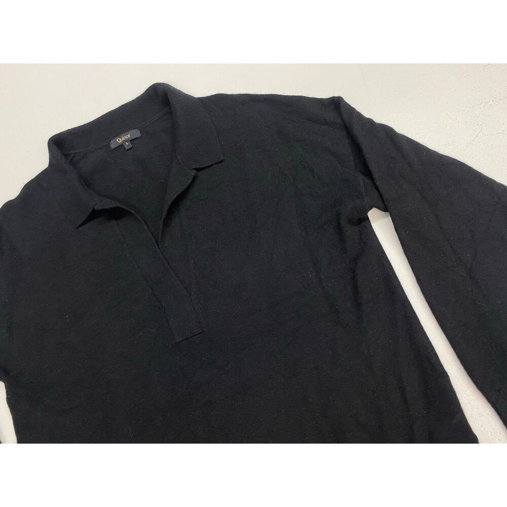 Women Quince Mongolian Cashmere Sweater solid black v-neck pullover polo, L - Picture 2 of 5